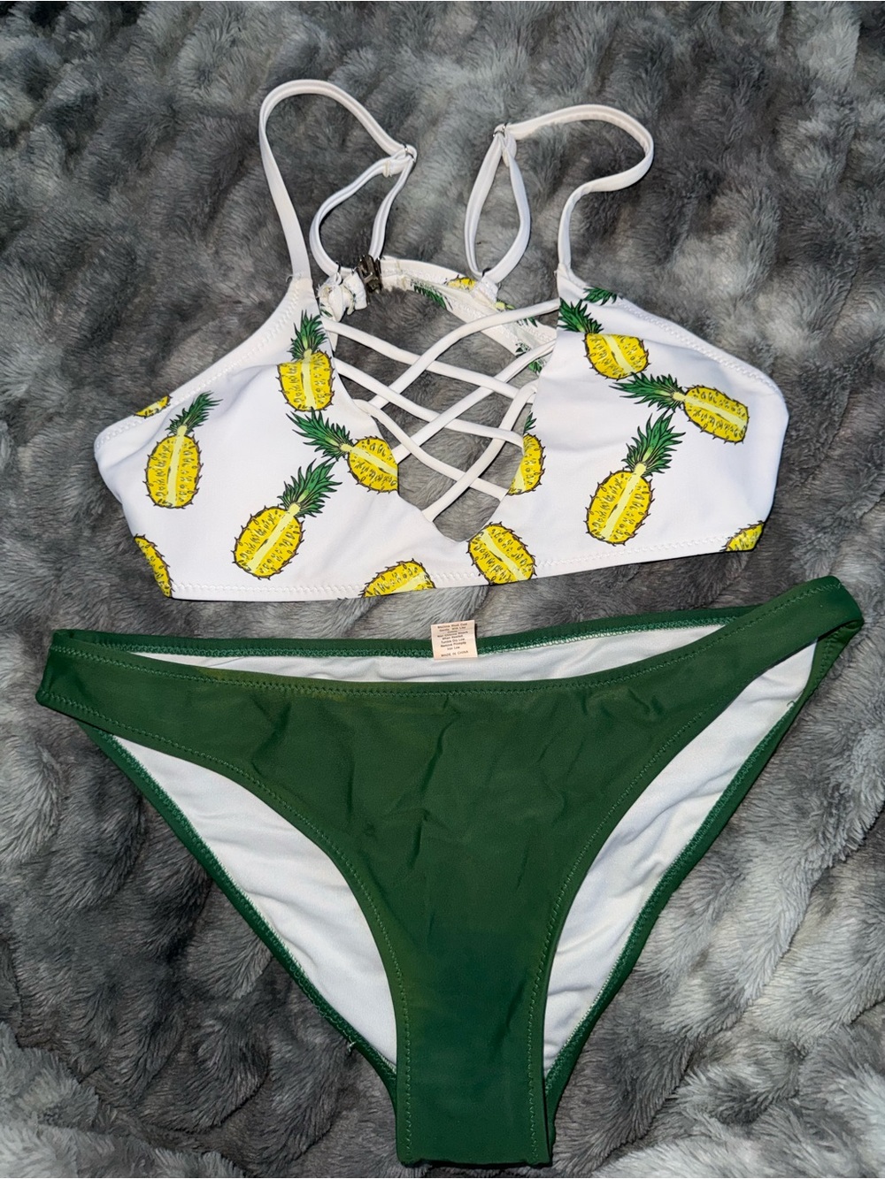 Pineapple Print Crisscross Bikini Top with Green Bottoms